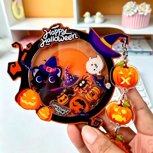 Funny Halloween Acrylic Shaker Keychain With Black Cat Witch Pumpkin Ghost